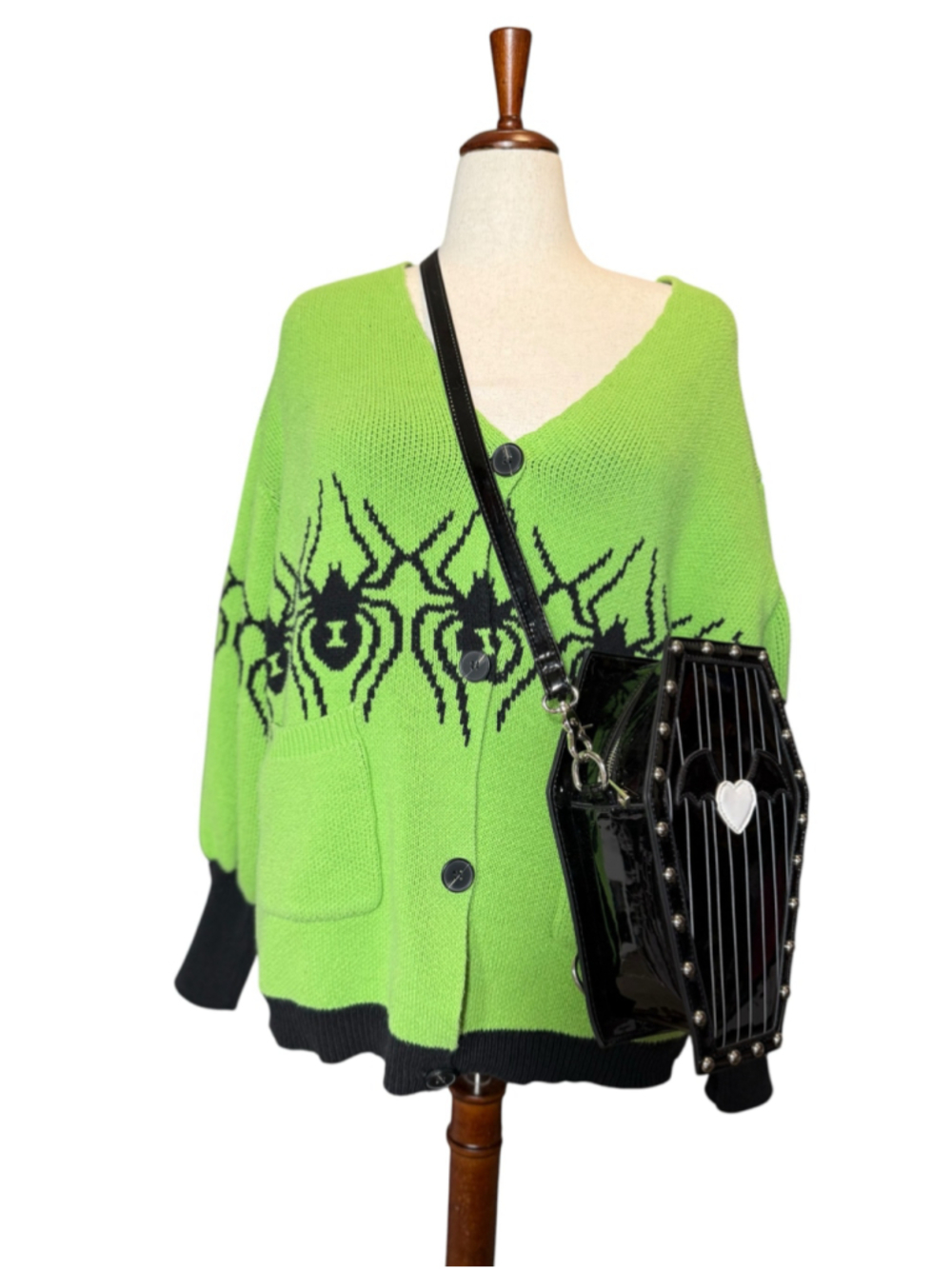 Women's Crescent Creepers Green Black Spider Oversized Cardigan Sweater Size M